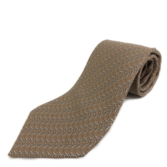 HERMÈS 100% SILK VINTAGE TIE tan and gray CHAIN